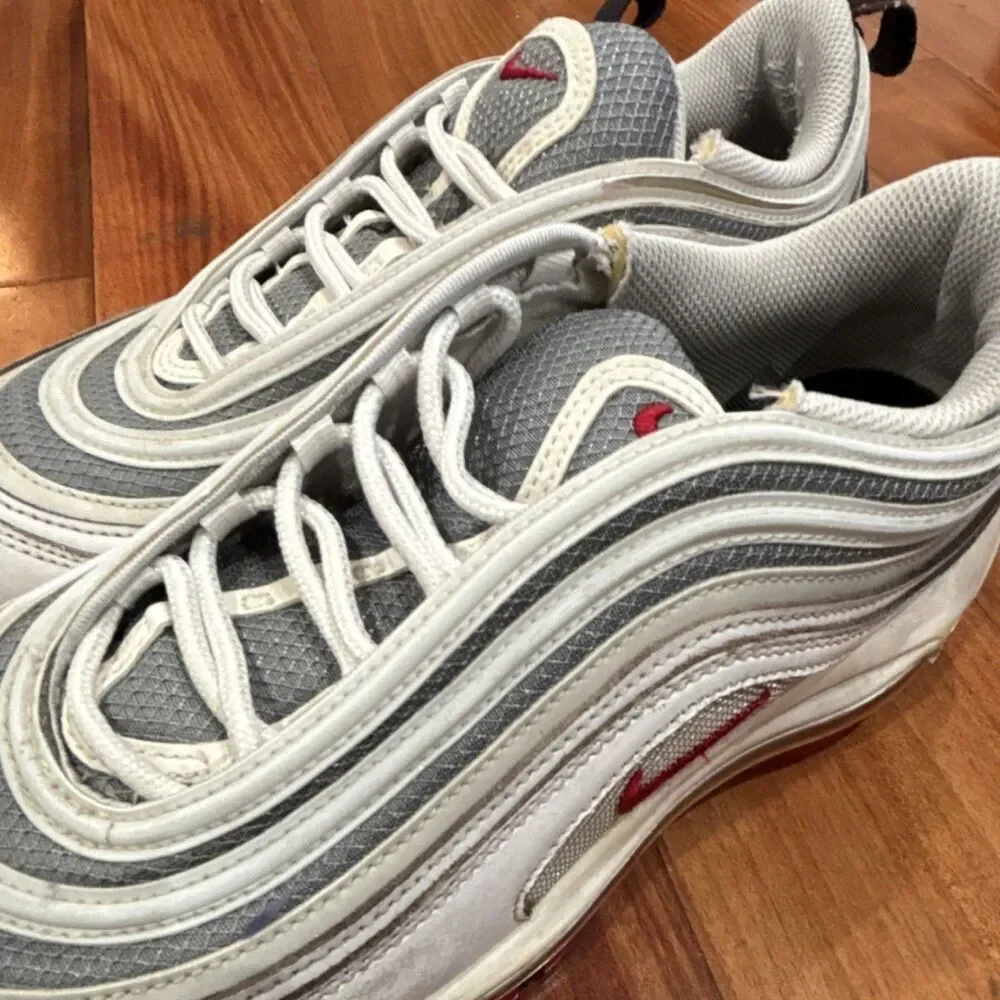 Nike Men’s Air Max 97 White Gray Red Black Solid Low Top Sneakers size 9.5